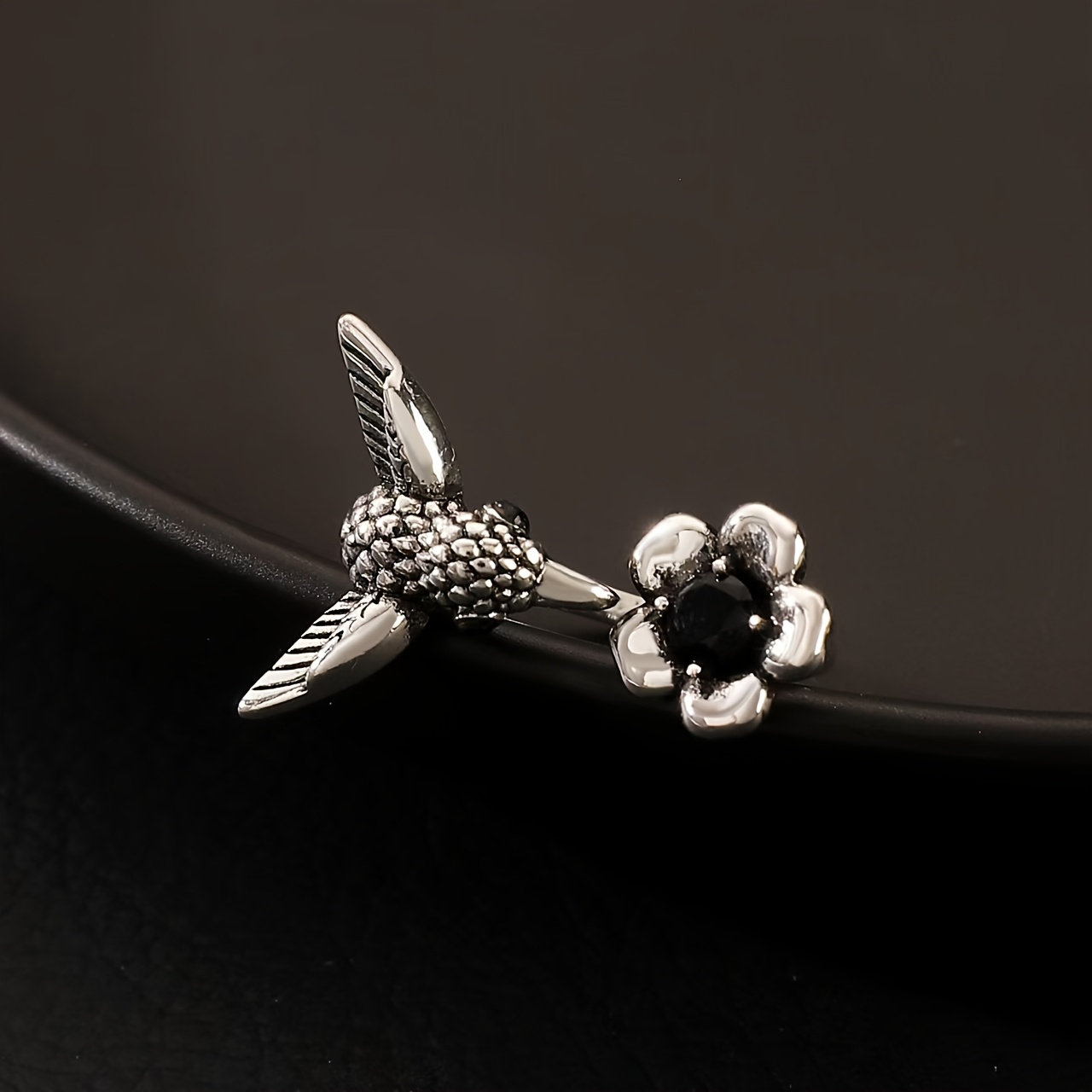 Vintage Silver Plated Copper Ring with Zirconia Bird And Flower